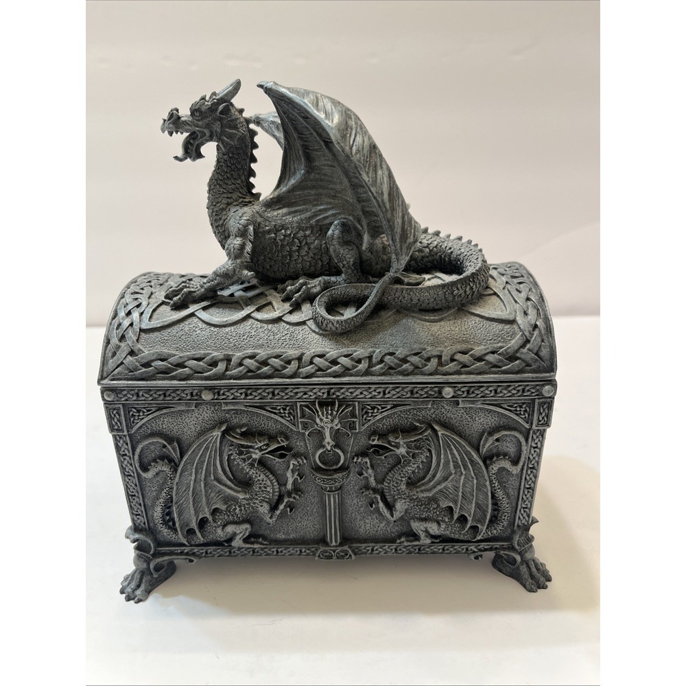 Dragon Stone Trinket Box Hinged Lid Gray Ornate Detailed Footed 7x6.5x5"